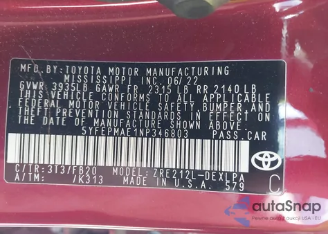 2022 Toyota Corolla Le z USA, uszkodzony, nr VIN 5YFEPMAE1NP346803